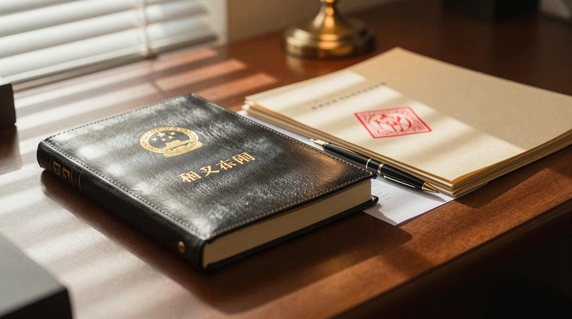 Толстая кожаная книга Налогового кодекса и документ с красной печатью на столе в полумраке кабинета.