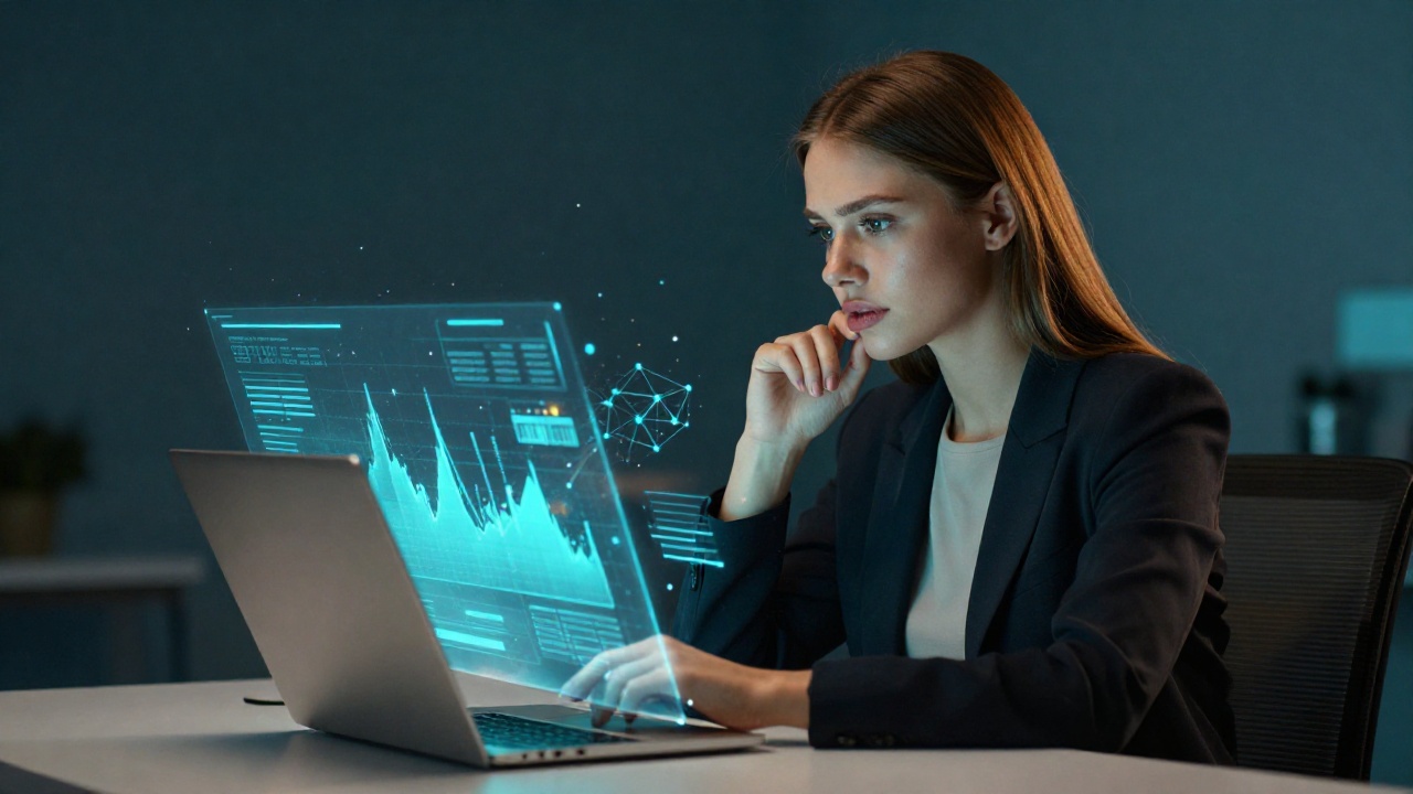 Молодая женщина-специалист анализирует альтернативы SEO-инструментов на ноутбуке с абстрактной визуализацией данных в современных сине-голубых тонах